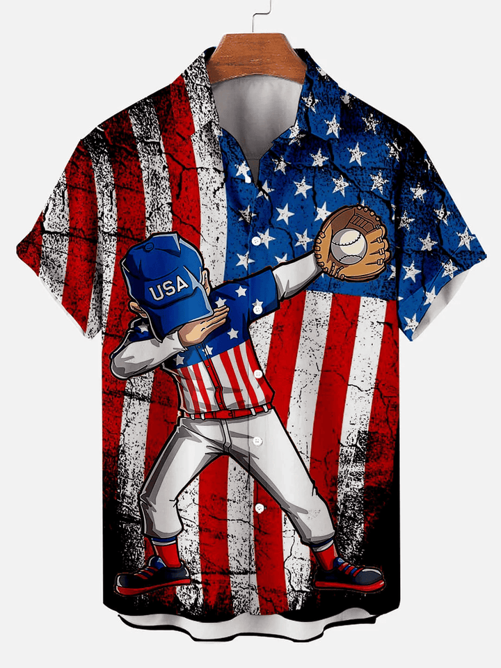 Baseball LOGO Print Creative Design Striped Hawaiian Shirt