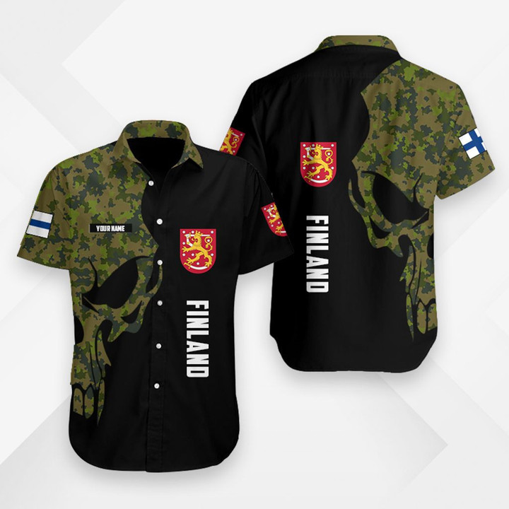 Custom Name Finland Skull Camo Hawaiian Shirt