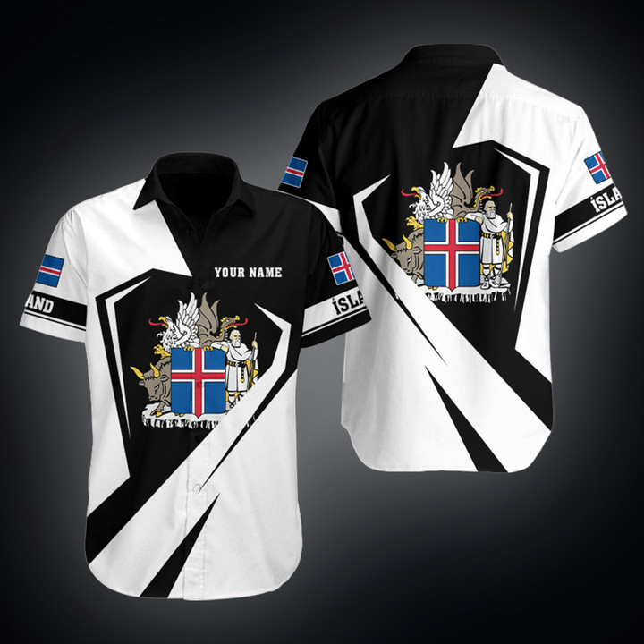 Custom Name Iceland Ísland Coat Of Arms Diamond White Unisex Adult Hawaiian Shirt
