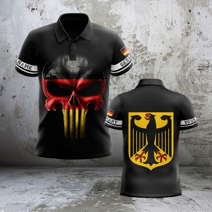Custom Name Germany Coat Of Arms Skull - Black Unisex Adult Polo Shirt