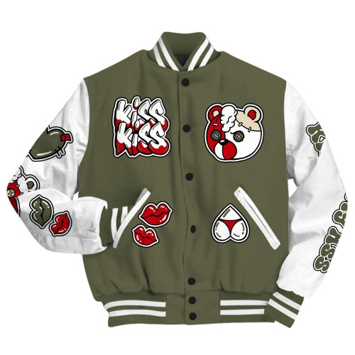 Travis Scott Low OG Medium Olive 1s Varsity Jacket - Kiss My Hugz All Over Print Basebal Jackets