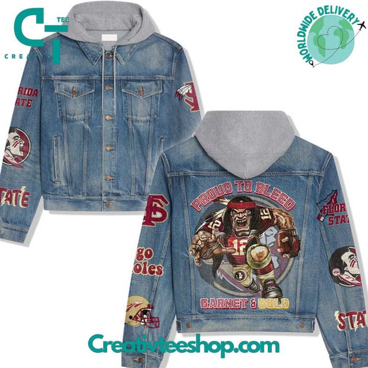 Florida State Seminoles Proud To Bleed Garnet Gold Hooded  Hoodless Or Hooded Denim Jacket HG