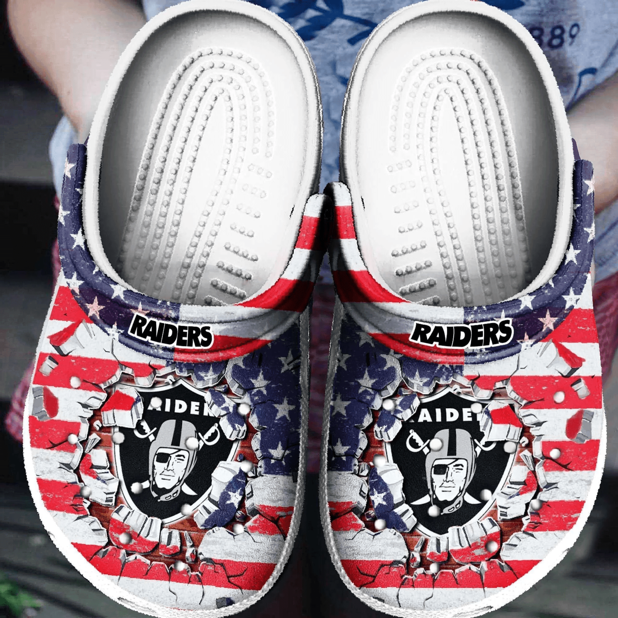 Las Vegas Raiders Broken Brick American Flag Crocs Clog Comfortable ...