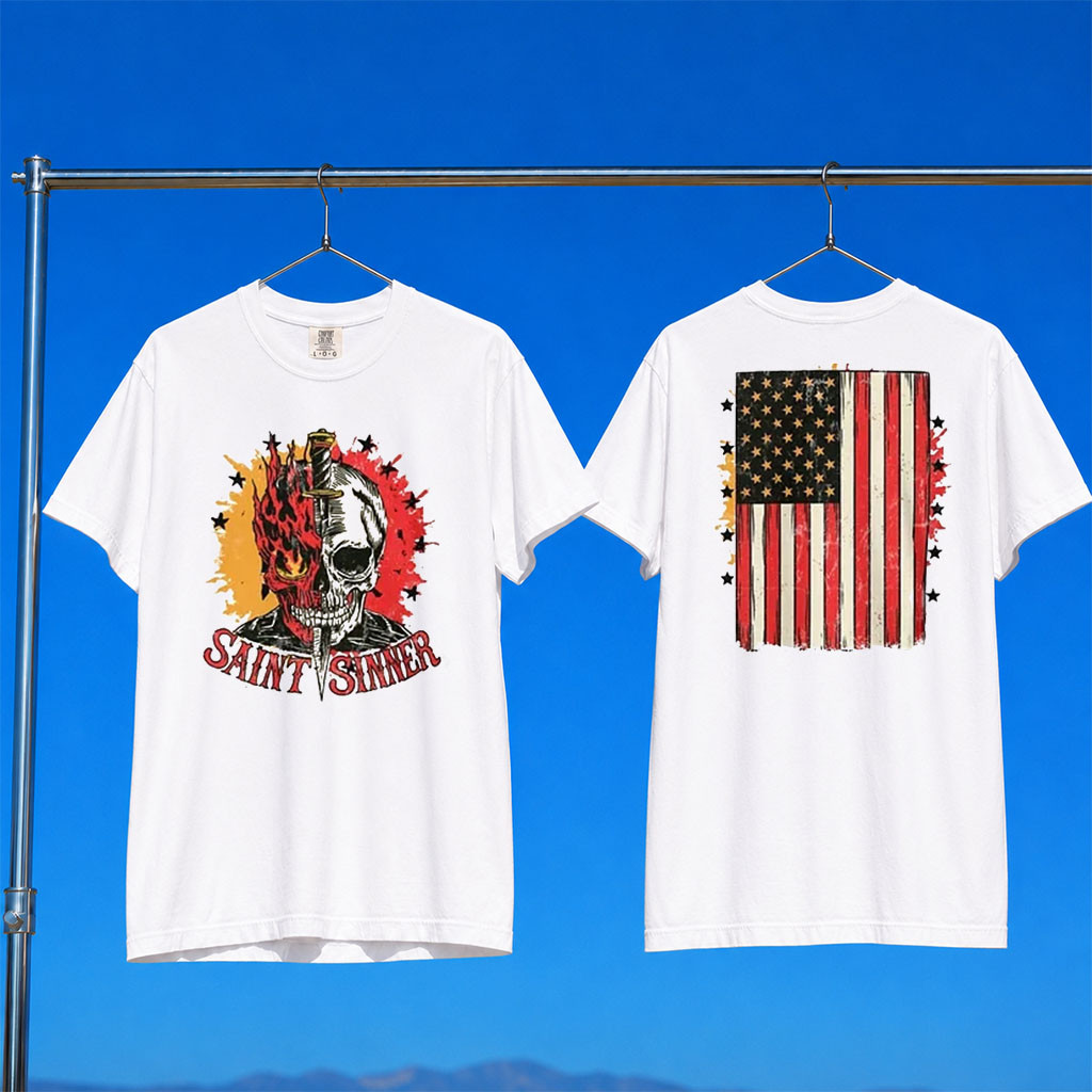 1 Nation Design Merch 2026 Saint Sinner T-Shirt White USA Flag Shirt Patriotic Gift Ideas