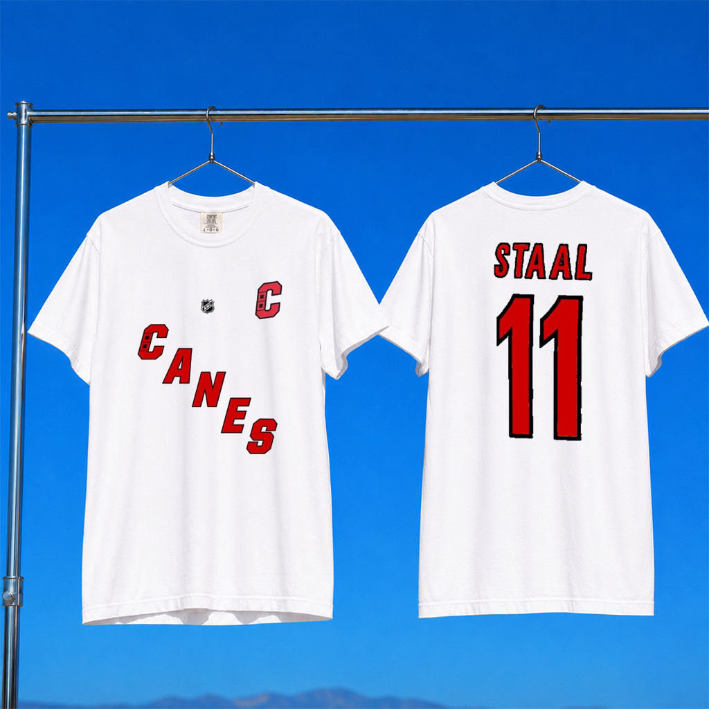 Jordan Staal Merch 2026 Jordan Staal #11 Carolina Hurricanes T-Shirt Canes Champions Merch White