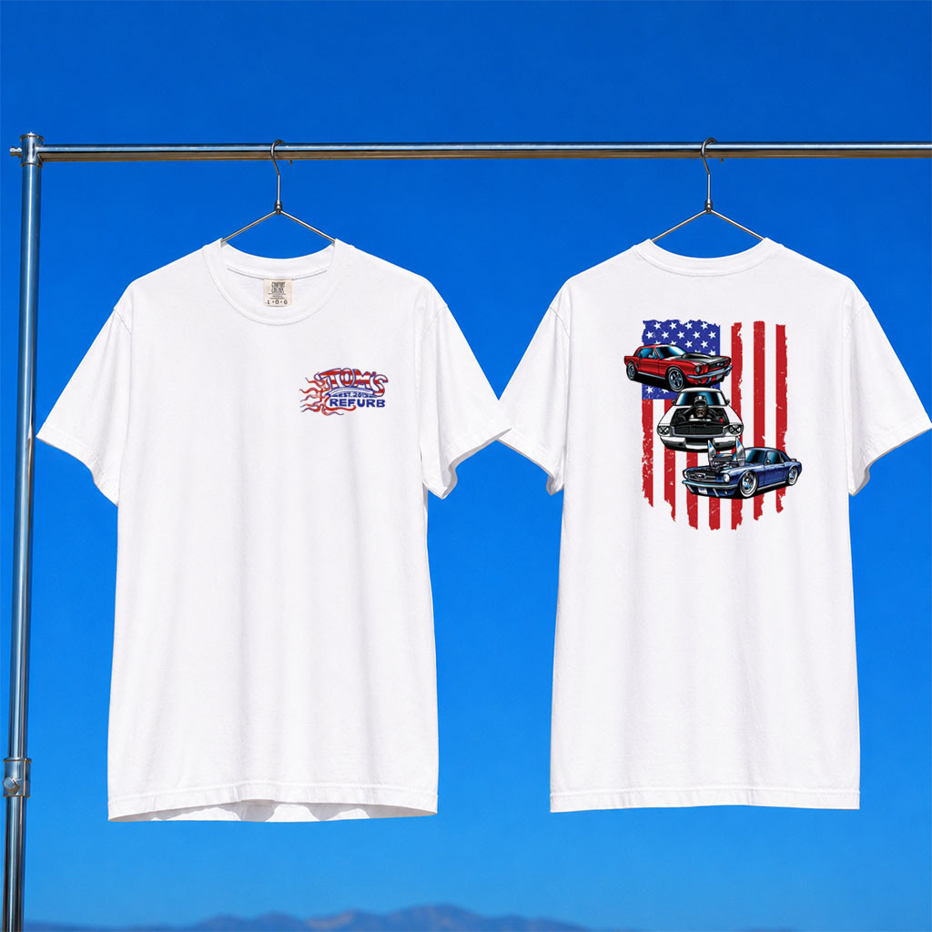 Tom's Refurb Merch 2026 Toms Refurb Patriotic Mustang T-Shirt Gift Ideas For Dad