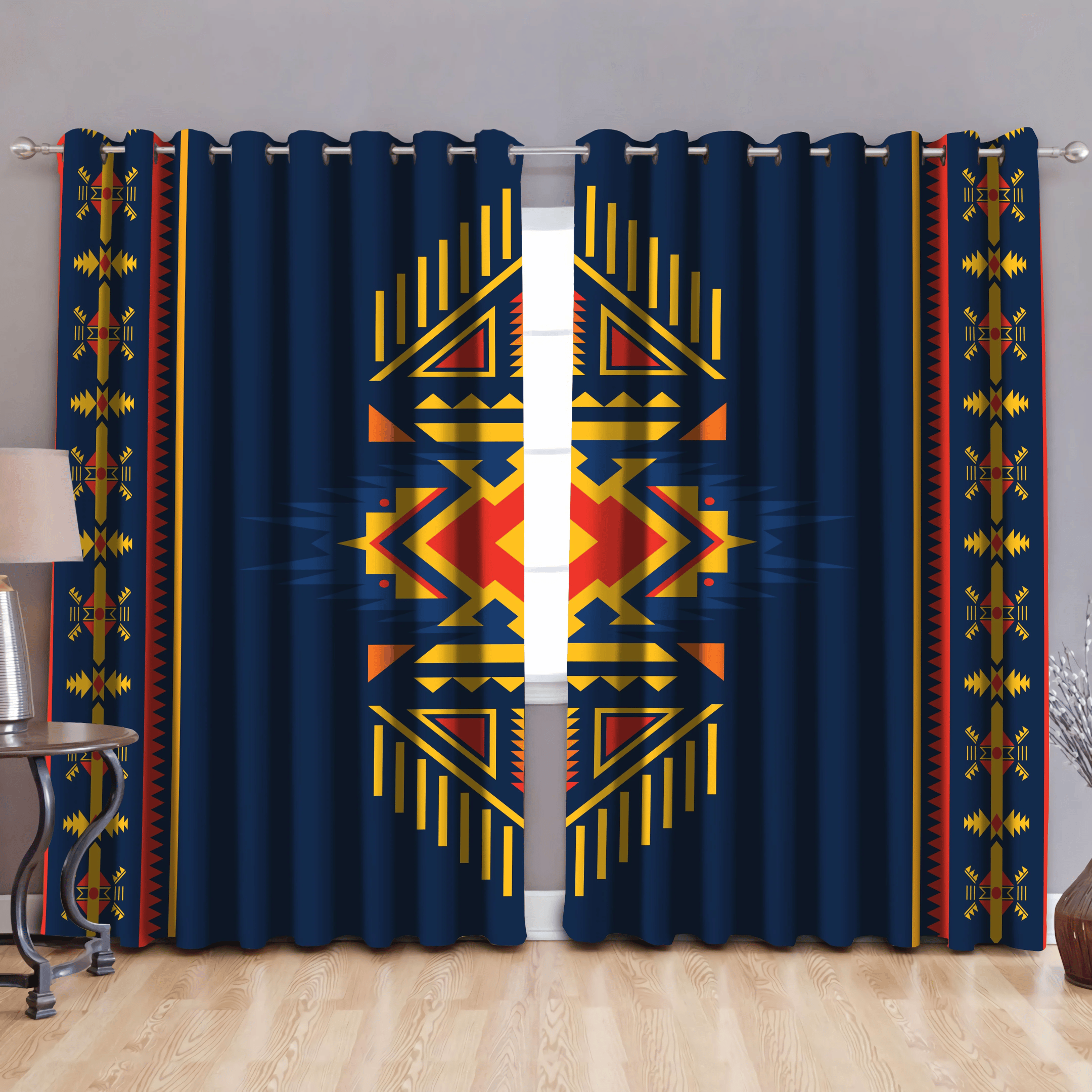 Native American Pattern Blue Background Window Curtain - NhalaHome