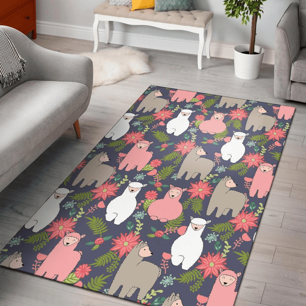 Cute Alpaca In Flower Garden Area Rug Home Decor - NhalaHome