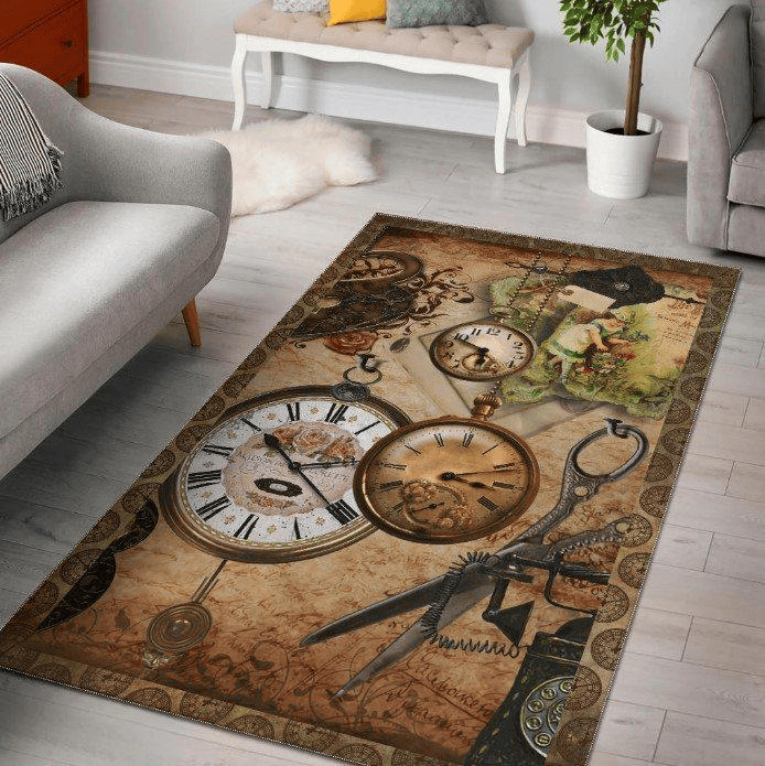 Vintage Clock Sewing Time Themed Design Area Rug Home Decor - NhalaHome