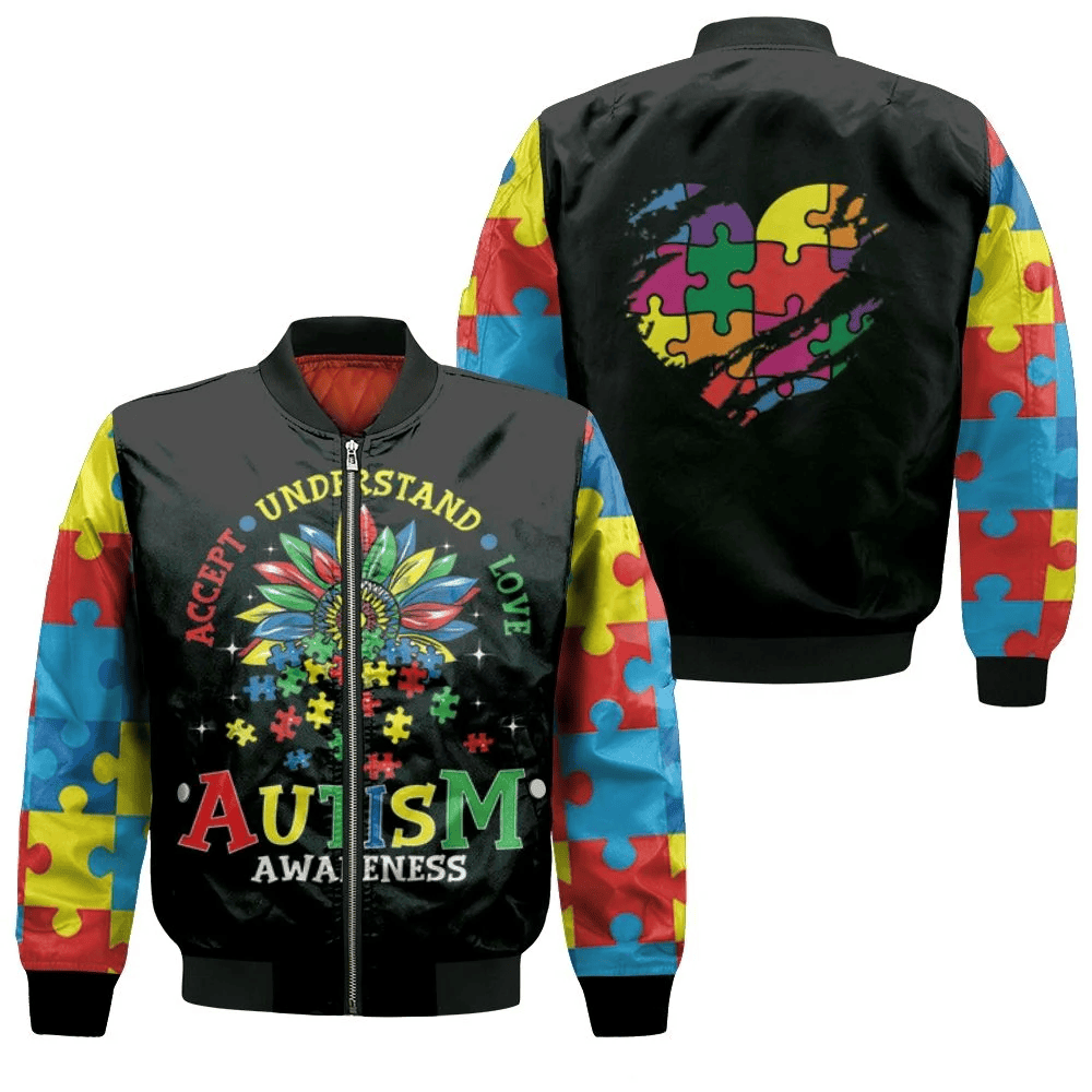 Accept Understand Love Autism Support Bomber Jacket - Styletrendy