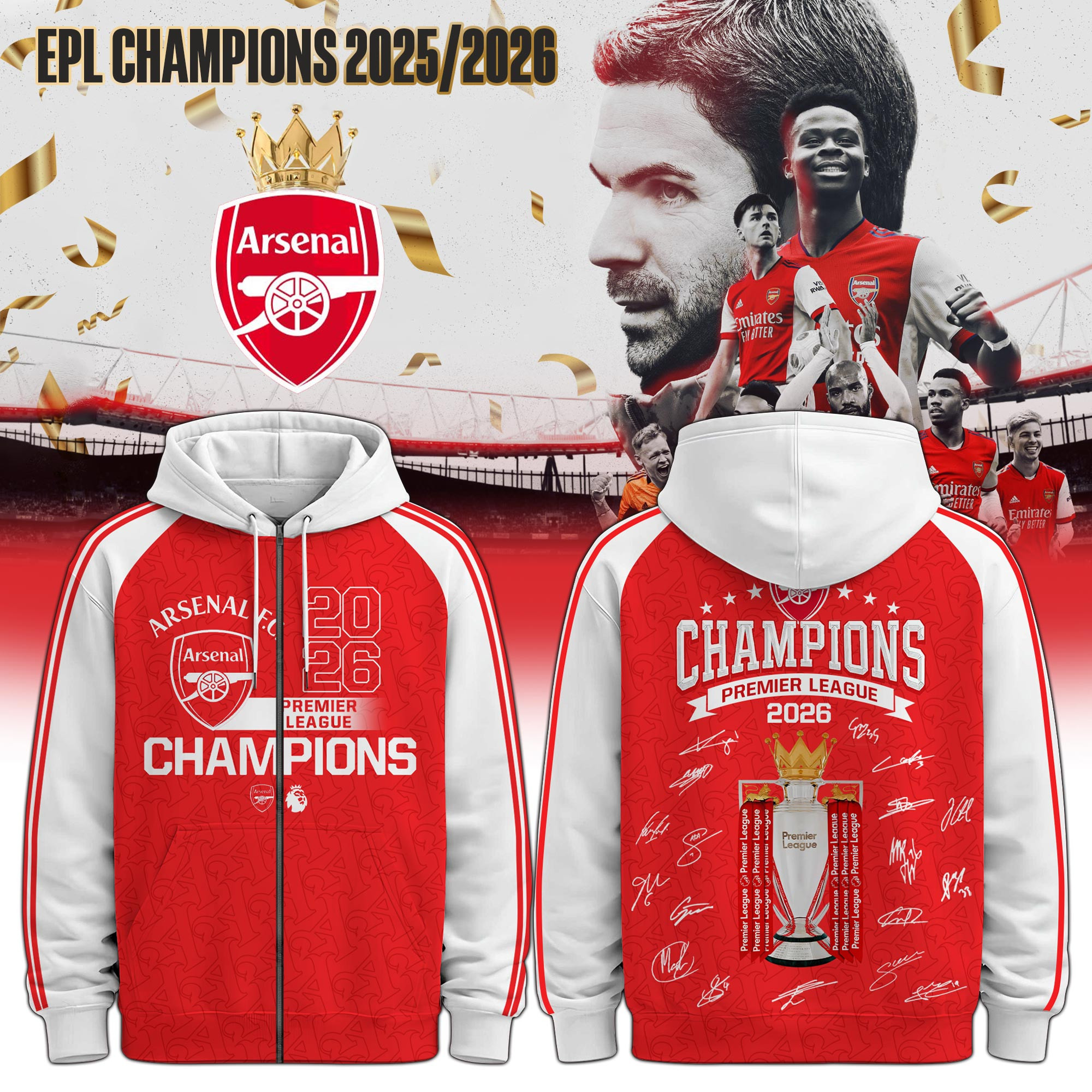 Arsenal Premier League Champions 2026 Zip Hoodie Arsenal FC Merch Gift ...