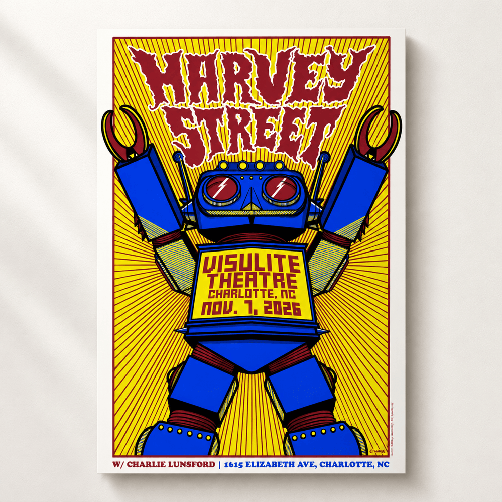 Harvey Street Visulite Theatre Charlotte NC Yellow Robot Poster Harvey Street Merch Gift Ideas