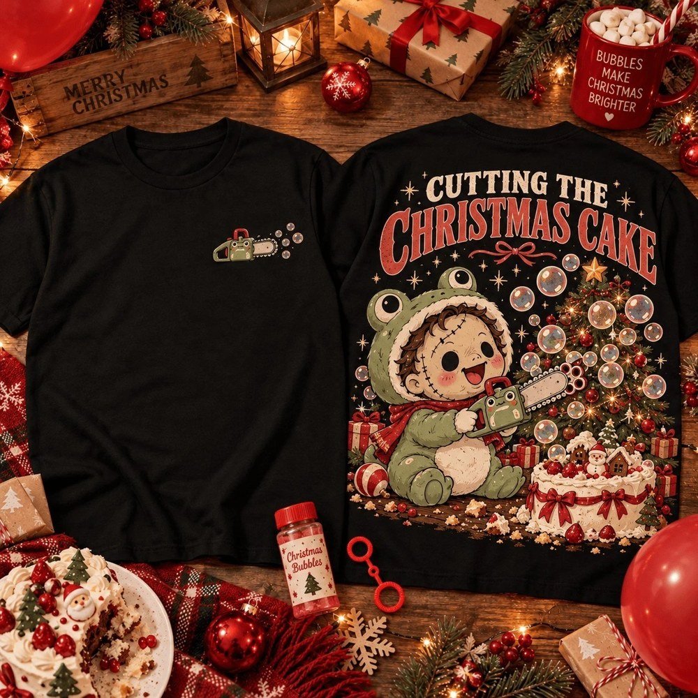 Leatherface Merch Cutting The Xmas Cake Horror Shirt Leatherface Apaprel Xmas Gifts For Horror Lovers
