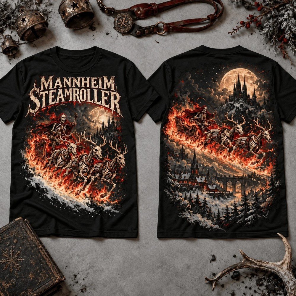 Mannheim Steamroller Merch Flaming Skeleton Reindeer Xmas Shirt Steamroller Outfit Rock Music Gifts