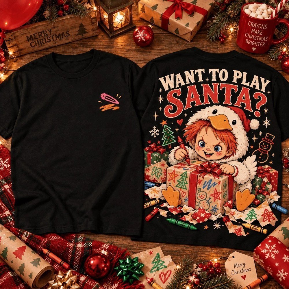 Chucky Merch Want To Play Santa Christmas Horror Shirt Chucky Outfit Xmas Gifts For Horror Fans_