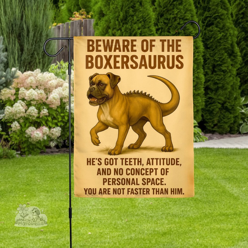 Boxer Saurus Dog House Garden Flag - mylobelia