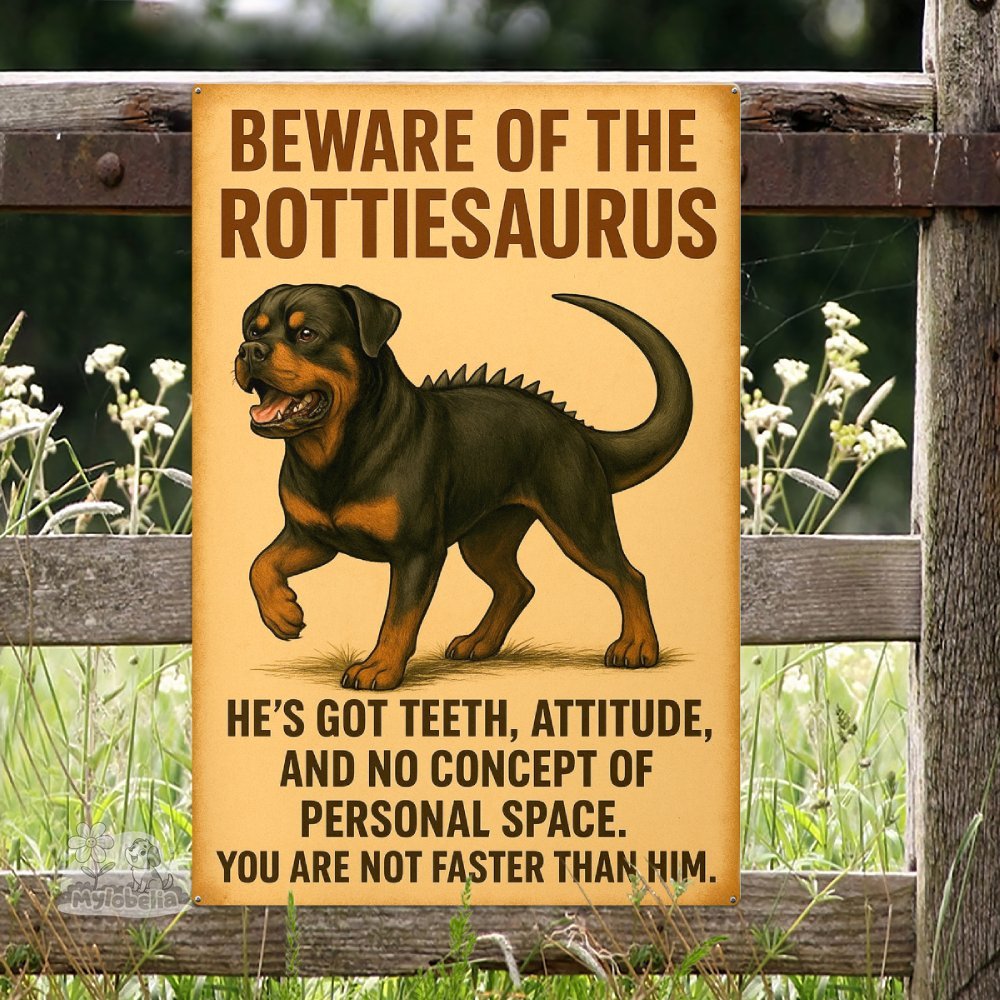 Beware Of Rottweiler saurus Metal Sign - mylobelia