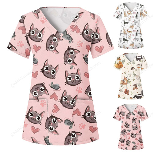 Women T Shirts Care Nurse Uniform Workwear Nursed Animal Printed Short Sleeve V Neck