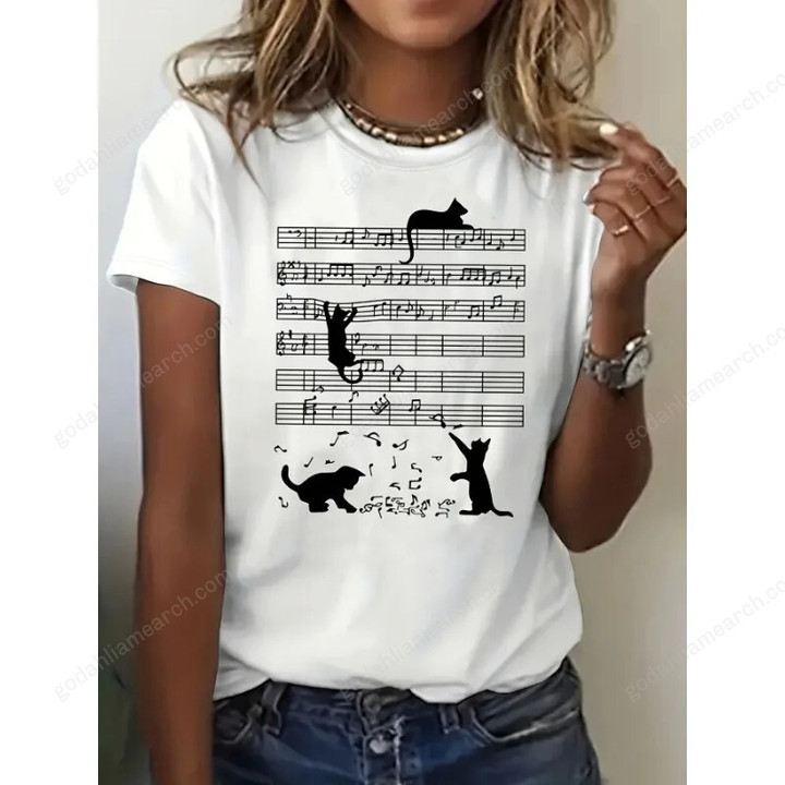 Women Summer Cat & Sheet Music Print Cotton Comfortable T-Shirt