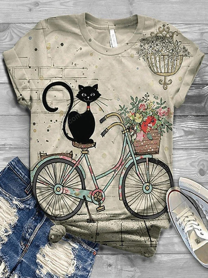 Women's T-shirt, flower cat 3D printed short sleeved tops
