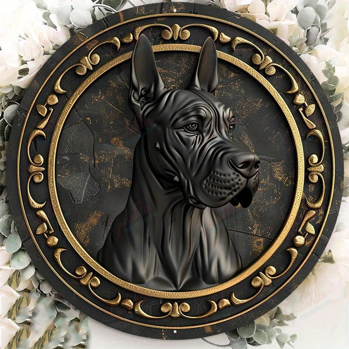 1pc 8x8inch Aluminum Metal Sign Circular Metal Plaque Decoration Great Dane Dog Portrait On Black And Golden Wooden Plate