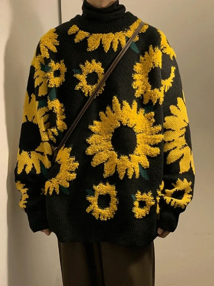 Flocking Floral Sweaters Men Baggy Spring Autumn Japanese Style Retro High Street Harajuku Knitwear Slouchy Ins