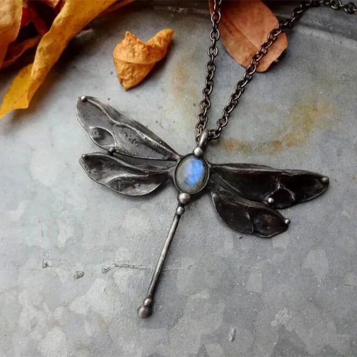 Europe and America Retro Silver Color Invisible Inlaid Imitation Colorful Gemstone Dragonfly Necklace UNISEX High End Necklace