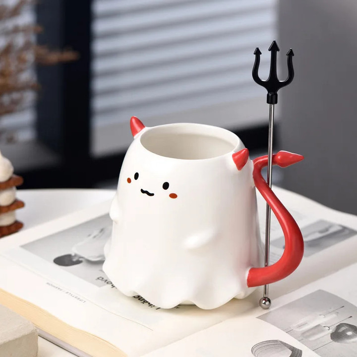 1pc 16oz Large Ceramic Halloween Devil Mug Adorable Cartoon Ghost
