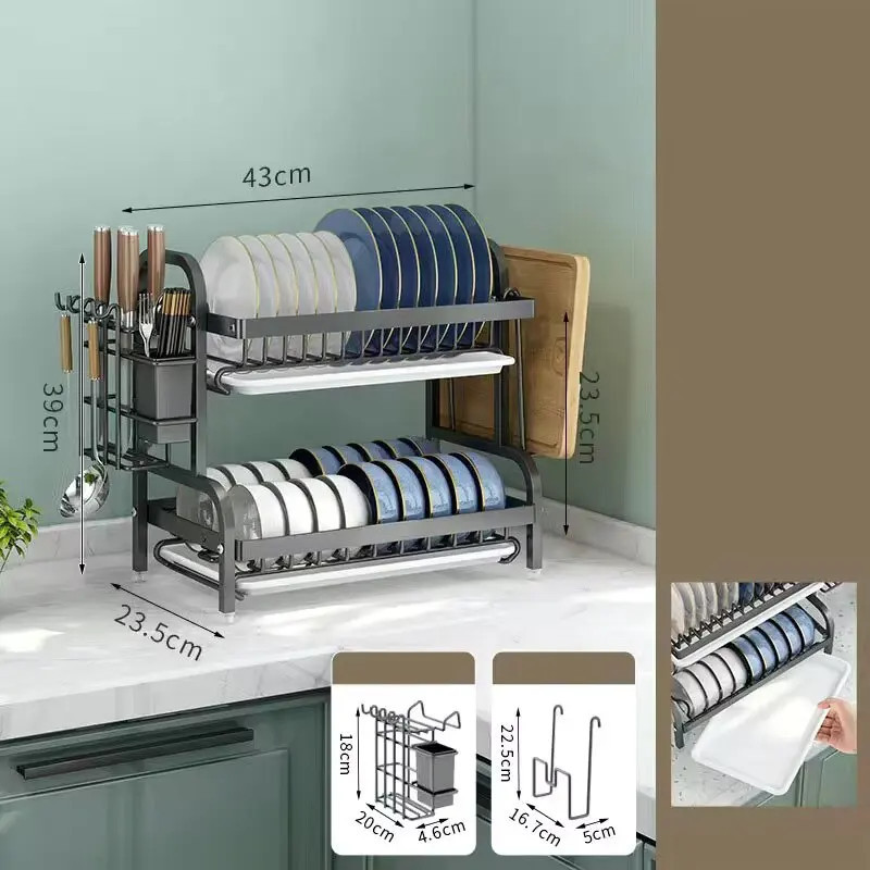 Dish drying rack on a white quartz countertop showing 360-degree drainage