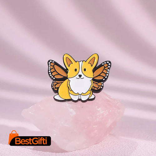 Cute Corgi Shape Enamel Pins Fairy Corgi with Butterfly with Tail Brooches Lapel Badge Backpack Clothes Accessories Jewelry Gift