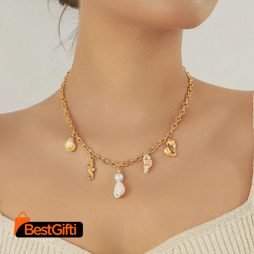 DIEYURO 316L Stainless Steel Golden Seahorse Dolphin Pearl Shell Necklace For Women Girl Fashion New Trend Jewelry Gift Joyas