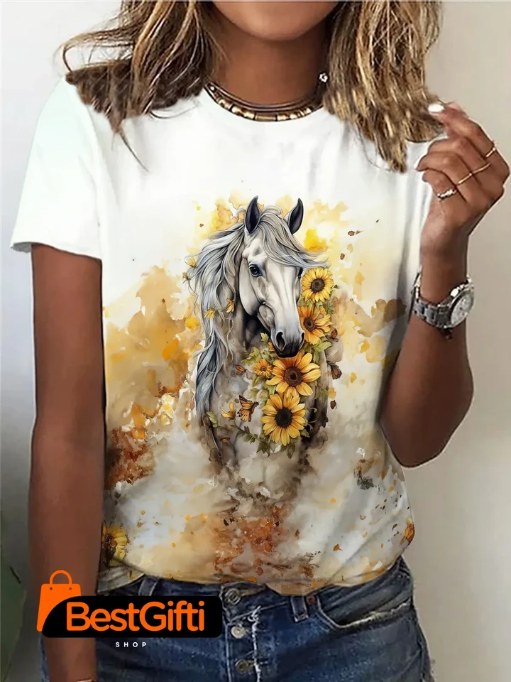 Horse Print Crew Neck T-Shirt, Casual Short Sleeve Top For Spring & Summer, Women's Clothing