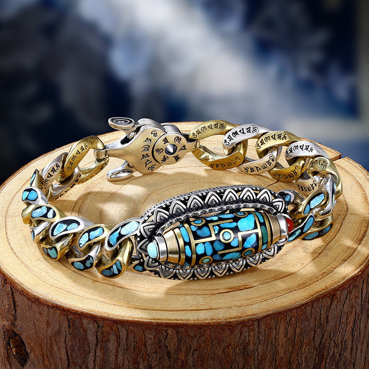 Turquoise Six-character Mantra Nine-Eyed Bead Bracelet