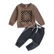 2023-05-25 Lioraitiin 0-3Years Boys 2Pcs Fall Outfits Checkerboard Ghost Print Crew Neck Long Sleeve Sweatshirts Long Pants