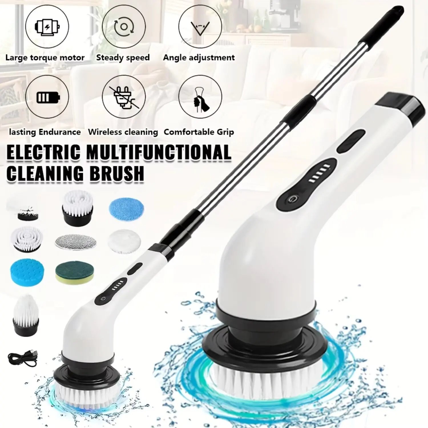 Rechargeable Electric Spin Scrubber with Extension Handle – Multi-Head Cleaning Brush