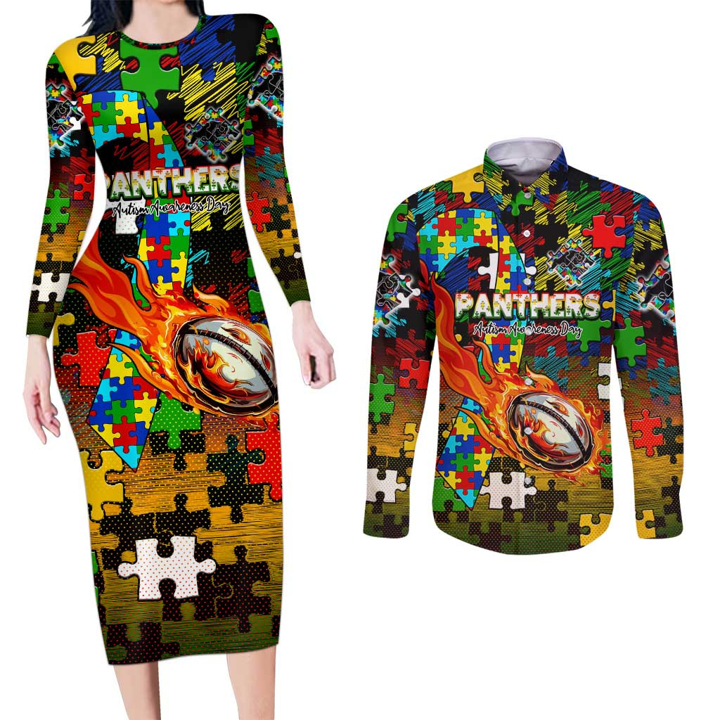 Panthers Autism Awareness Couples Matching Long Sleeve Bodycon Dress and Long Sleeve Button Shirt Puzzle Flames Rugby Ball