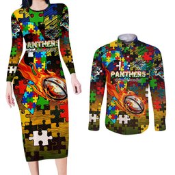 Panthers Autism Awareness Couples Matching Long Sleeve Bodycon Dress and Long Sleeve Button Shirt Puzzle Flames Rugby Ball