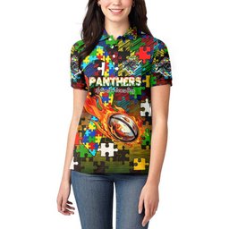 Panthers Autism Awareness Women Polo Shirt Puzzle Flames Rugby Ball