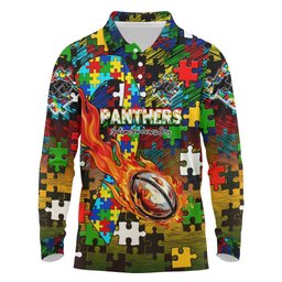 Panthers Autism Awareness Long Sleeve Polo Shirt Puzzle Flames Rugby Ball