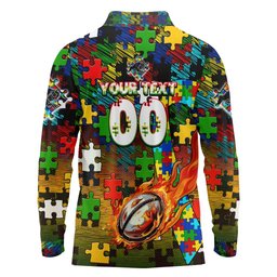 Panthers Autism Awareness Long Sleeve Polo Shirt Puzzle Flames Rugby Ball