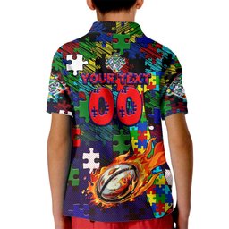 New Zealand Warriors Autism Awareness Kid Polo Shirt Puzzle Flames Rugby Ball