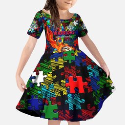 New Zealand Warriors Autism Awareness Kid Short Sleeve Dress Puzzle Flames Rugby Ball
