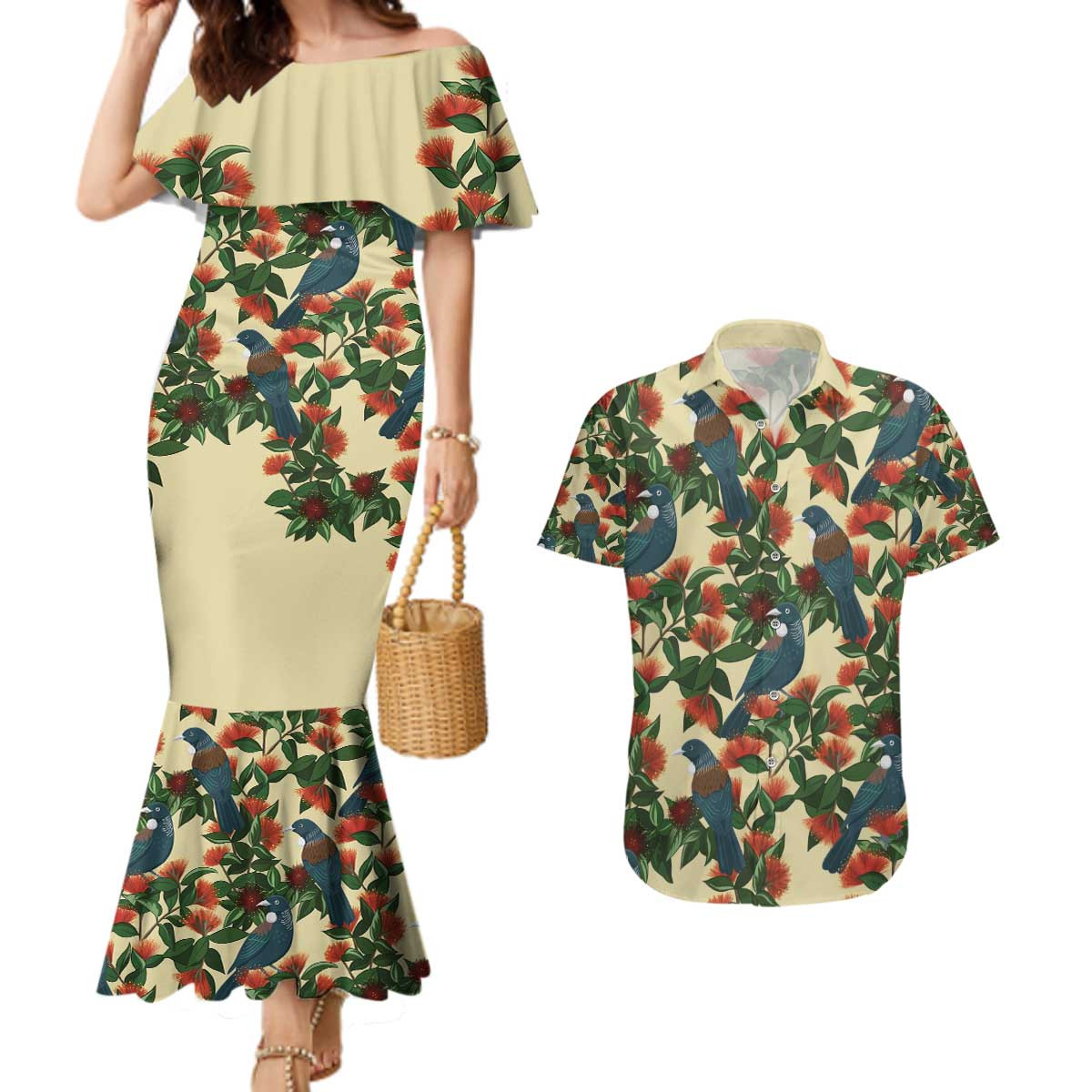 New Zealand Christmas Couples Matching Mermaid Dress and Hawaiian Shirt Romantic Tui Birds on Pohutukawa - Ivory
