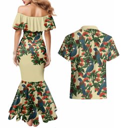 New Zealand Christmas Couples Matching Mermaid Dress and Hawaiian Shirt Romantic Tui Birds on Pohutukawa - Ivory