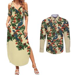 New Zealand Christmas Couples Matching Summer Maxi Dress and Long Sleeve Button Shirt Romantic Tui Birds on Pohutukawa - Ivory
