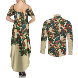 New Zealand Christmas Couples Matching Summer Maxi Dress and Long Sleeve Button Shirt Romantic Tui Birds on Pohutukawa - Ivory