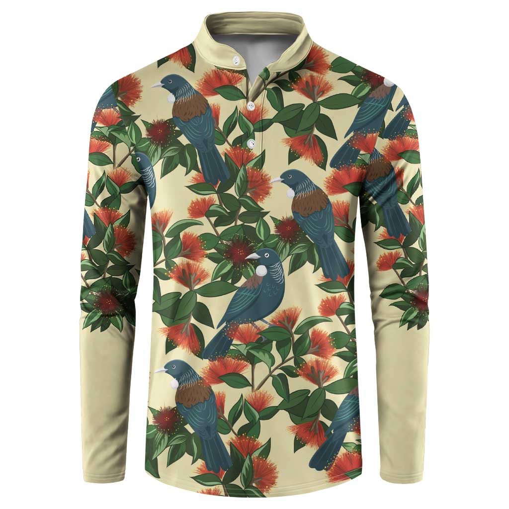 New Zealand Christmas Button Sweatshirt Romantic Tui Birds on Pohutukawa - Ivory