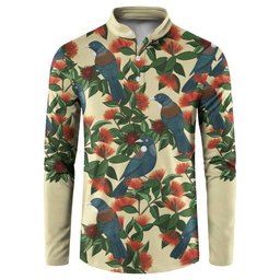 New Zealand Christmas Button Sweatshirt Romantic Tui Birds on Pohutukawa - Ivory