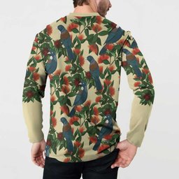 New Zealand Christmas Button Sweatshirt Romantic Tui Birds on Pohutukawa - Ivory