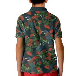 New Zealand Christmas Kid Polo Shirt Romantic Tui Birds on Pohutukawa - Cobalt